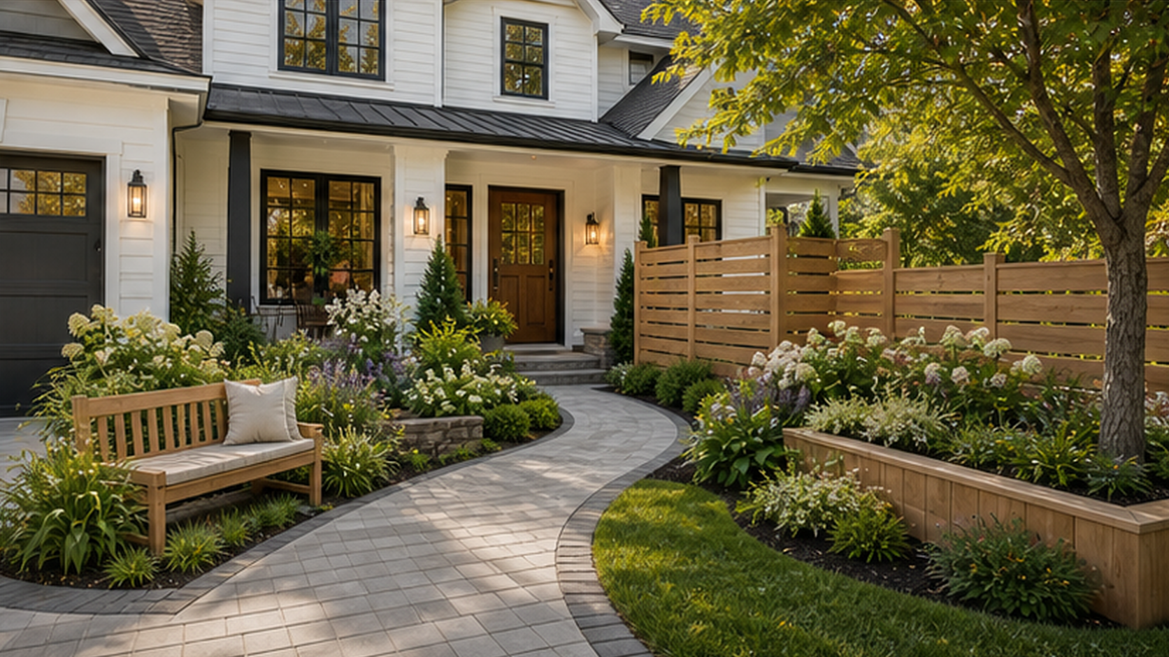 Front Yard Landscaping Ideas with natural wood accents