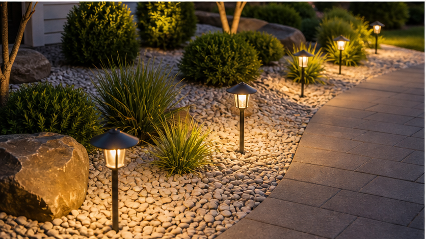 Front Yard Lighting Ideas with light gravel