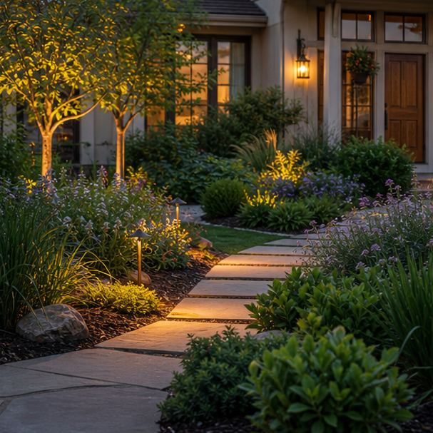 Front Yard Lighting Ideas with layered planting