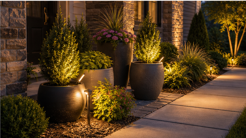 Front Yard Lighting Ideas with lit planters