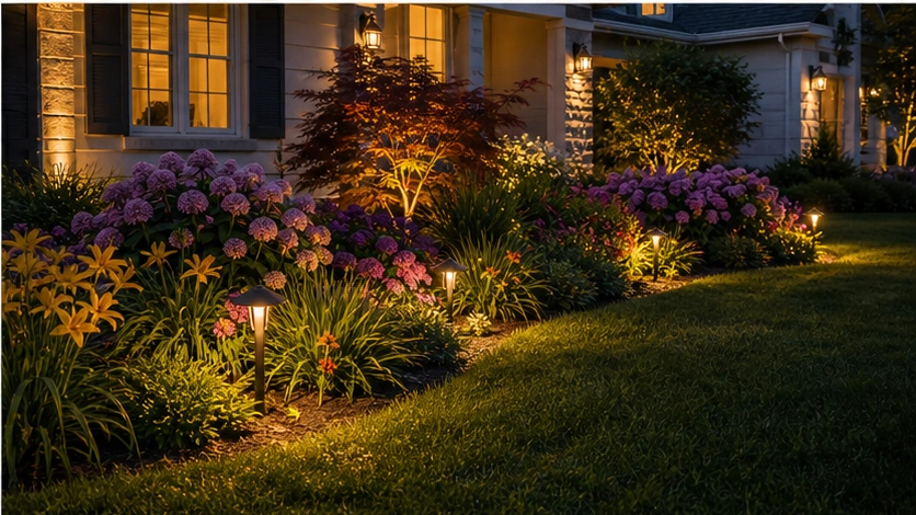 Front Yard Lighting Ideas with seasonal color