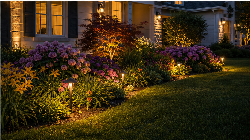 Front Yard Lighting Ideas with seasonal color
