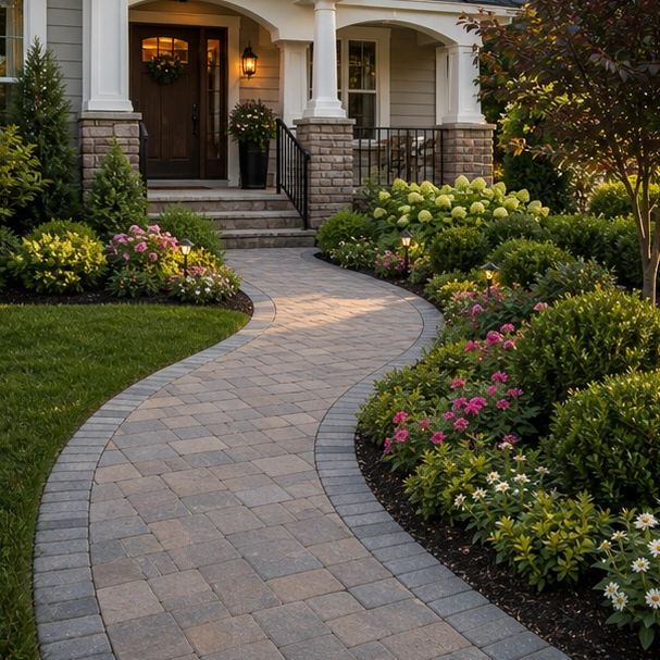 Front Yard Paver Walkway Ideas with entry curve