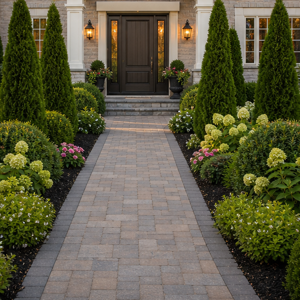 Front Yard Paver Walkway Ideas with evergreen frame