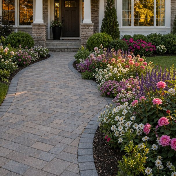 Front Yard Paver Walkway Ideas with flower border