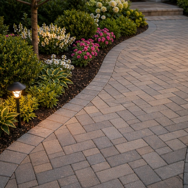 Front Yard Paver Walkway Ideas with herringbone pavers