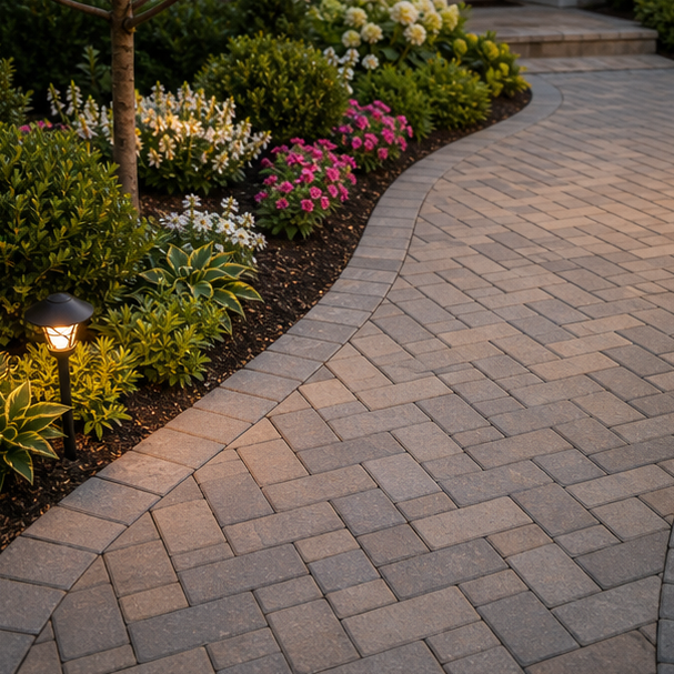 Front Yard Paver Walkway Ideas with herringbone pavers