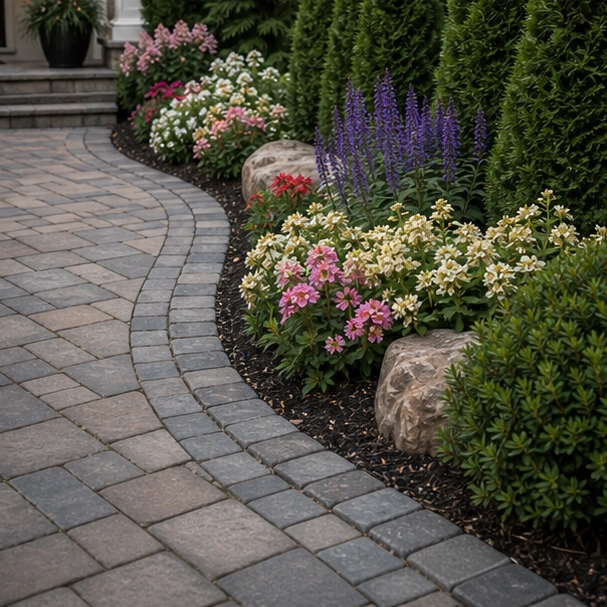 Front Yard Paver Walkway Ideas materials and planting
