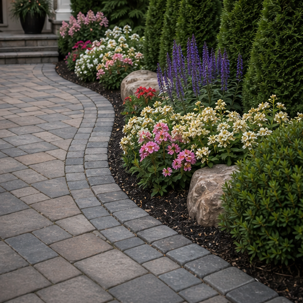 Front Yard Paver Walkway Ideas materials and planting