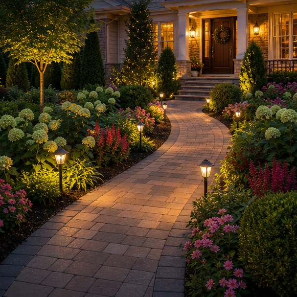 Front Yard Paver Walkway Ideas with path lights