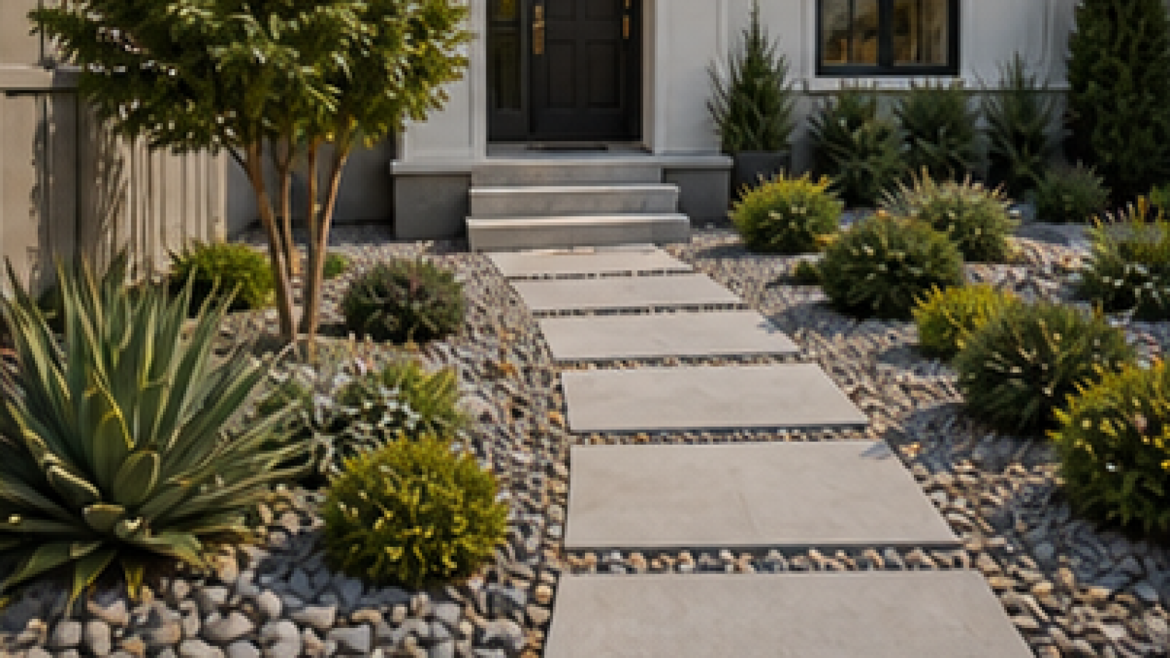 Front Yard Rock Landscaping Ideas with light gravel