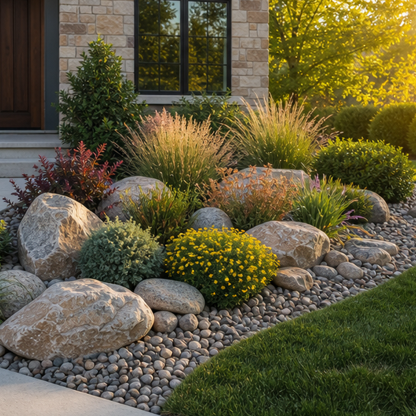 Front Yard Rock Landscaping Ideas with layered planting