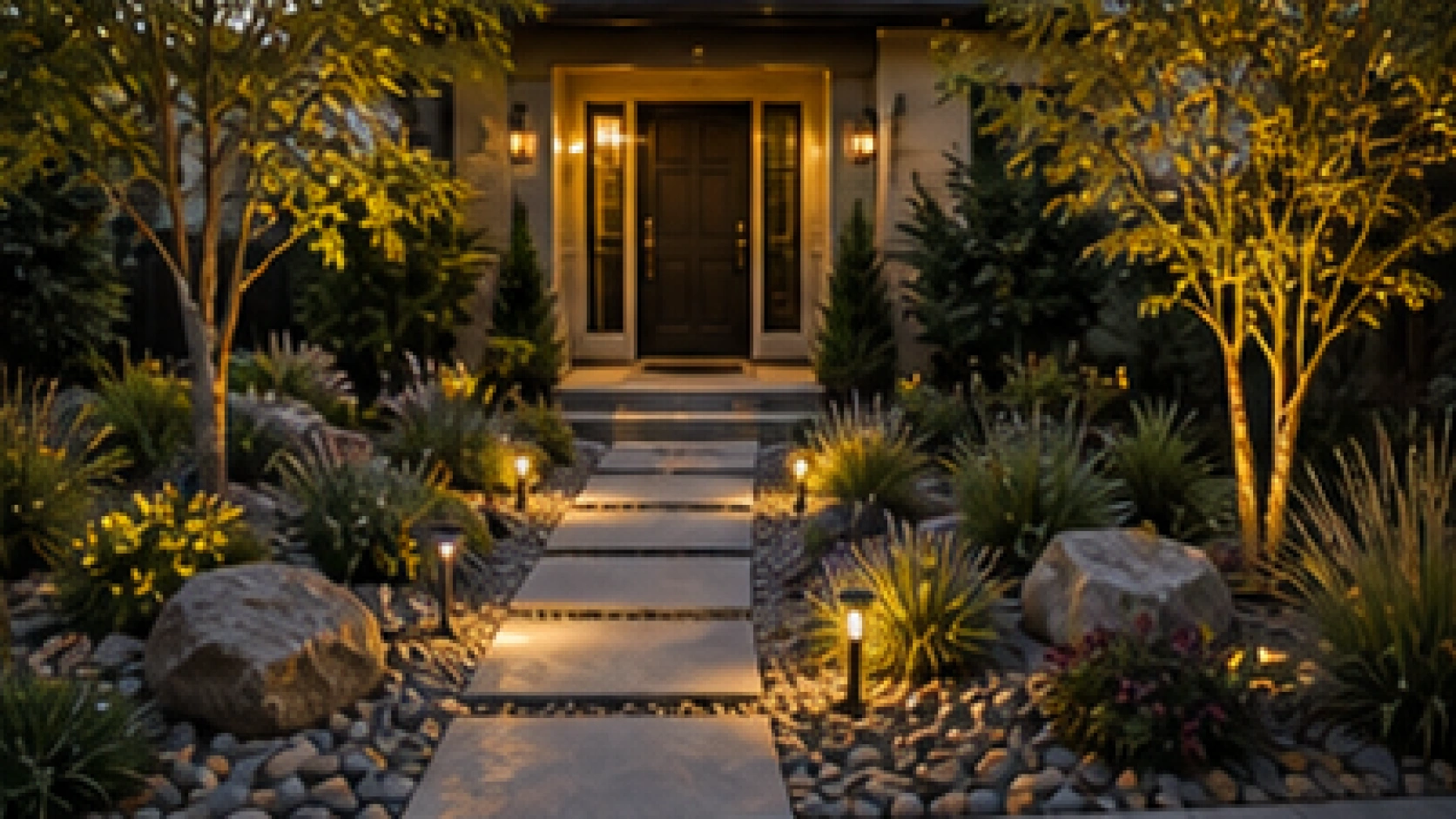 Front Yard Rock Landscaping Ideas lighting idea