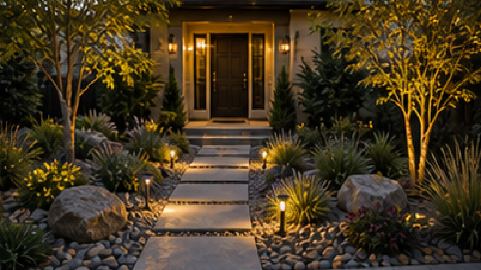 Front Yard Rock Landscaping Ideas lighting idea