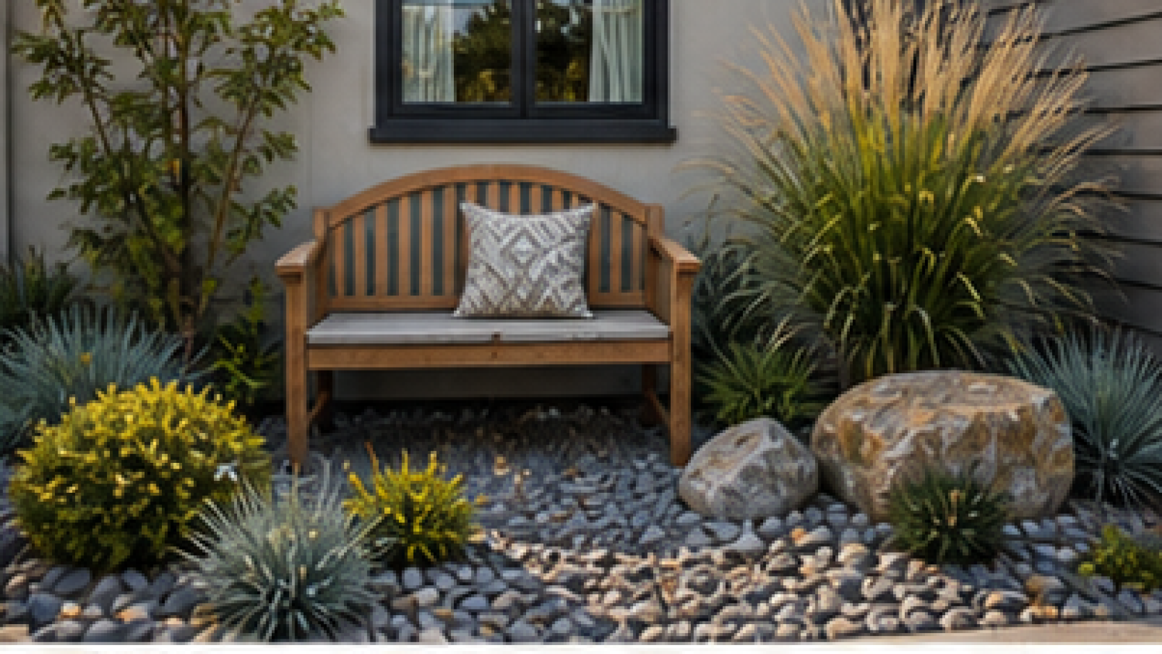 Front Yard Rock Landscaping Ideas with garden bench