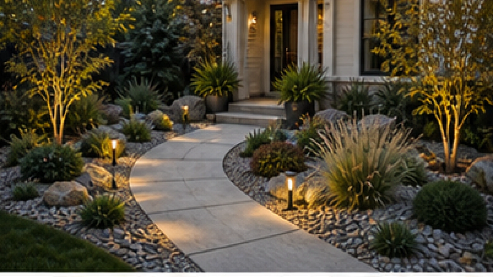 Front Yard Rock Landscaping Ideas with path lights