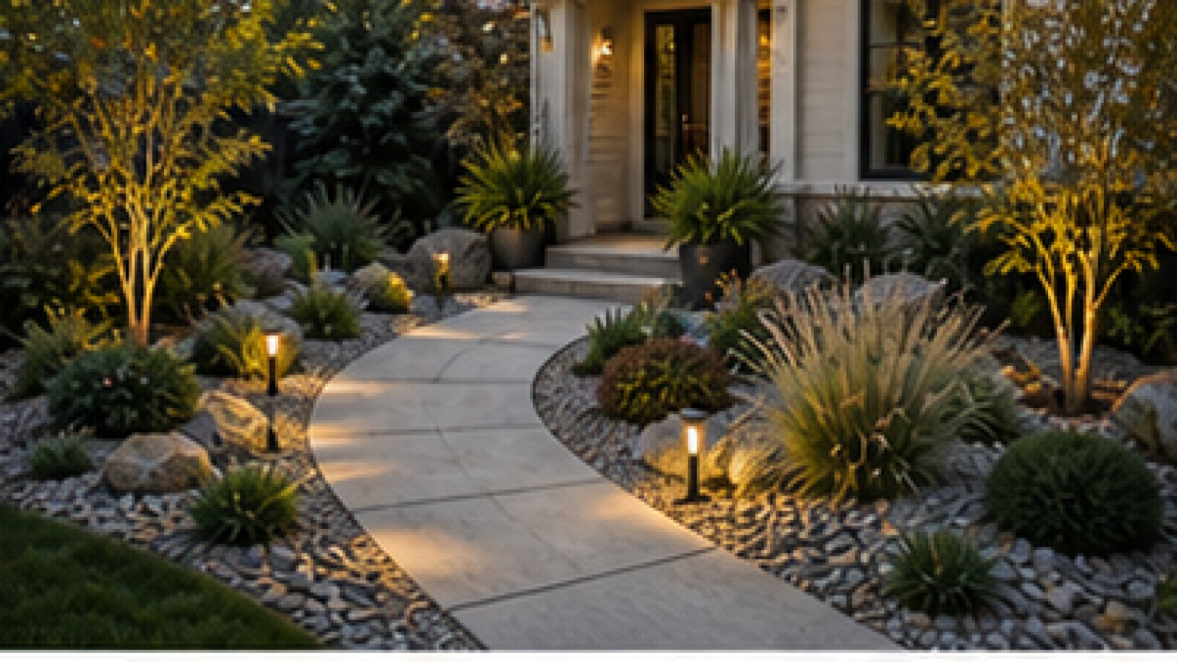 Front Yard Rock Landscaping Ideas with path lights