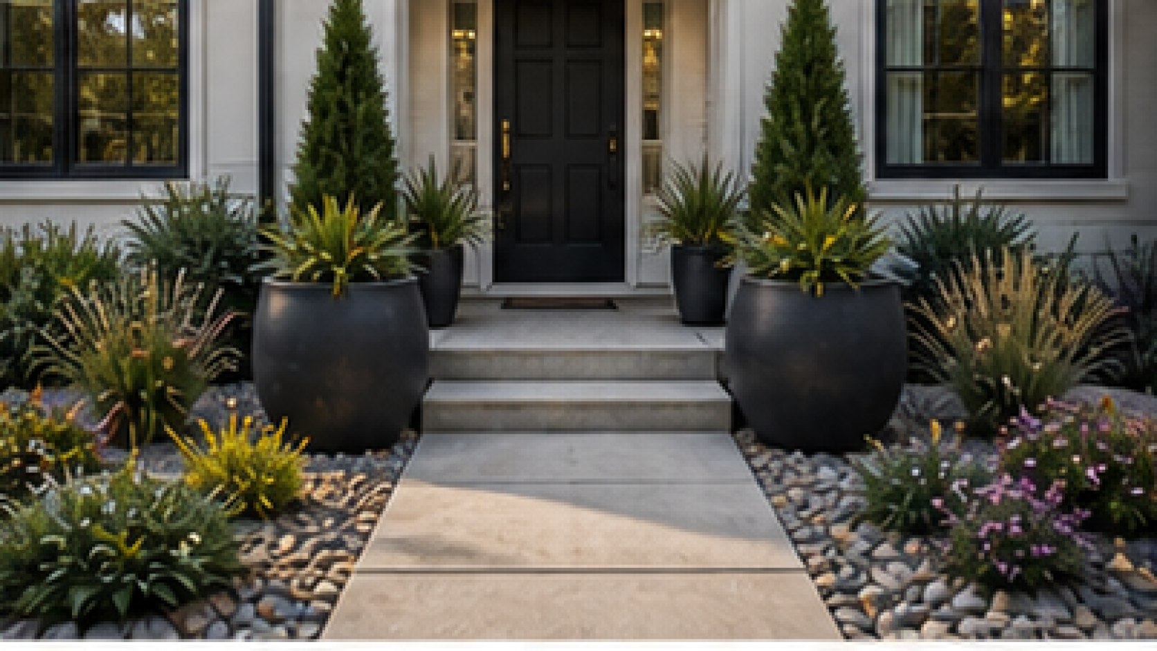 Front Yard Rock Landscaping Ideas with entry planters
