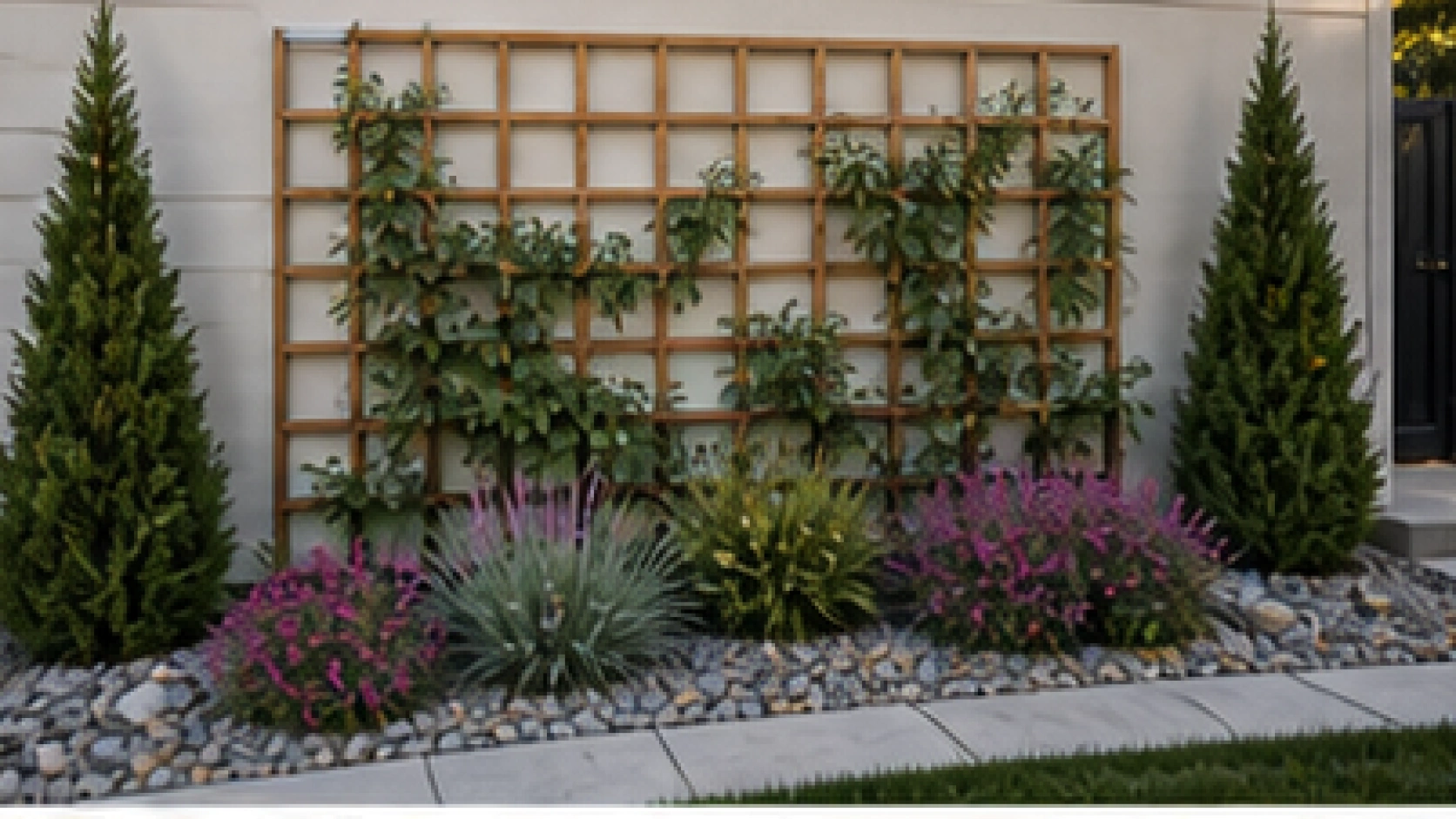 Front Yard Rock Landscaping Ideas with trellis accent