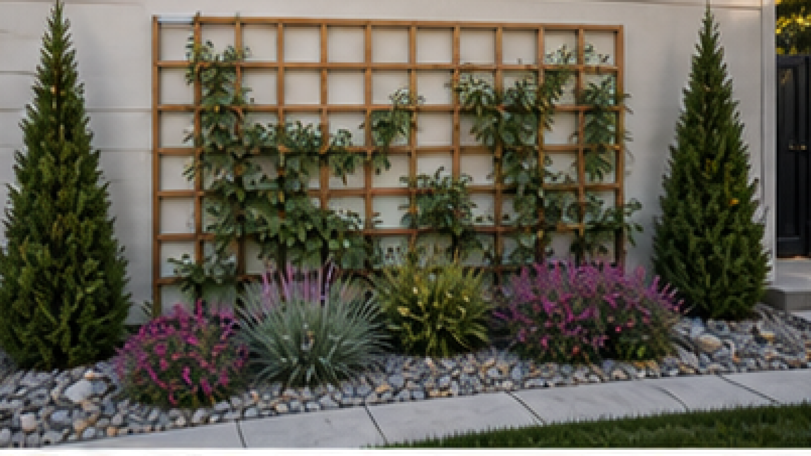 Front Yard Rock Landscaping Ideas with trellis accent
