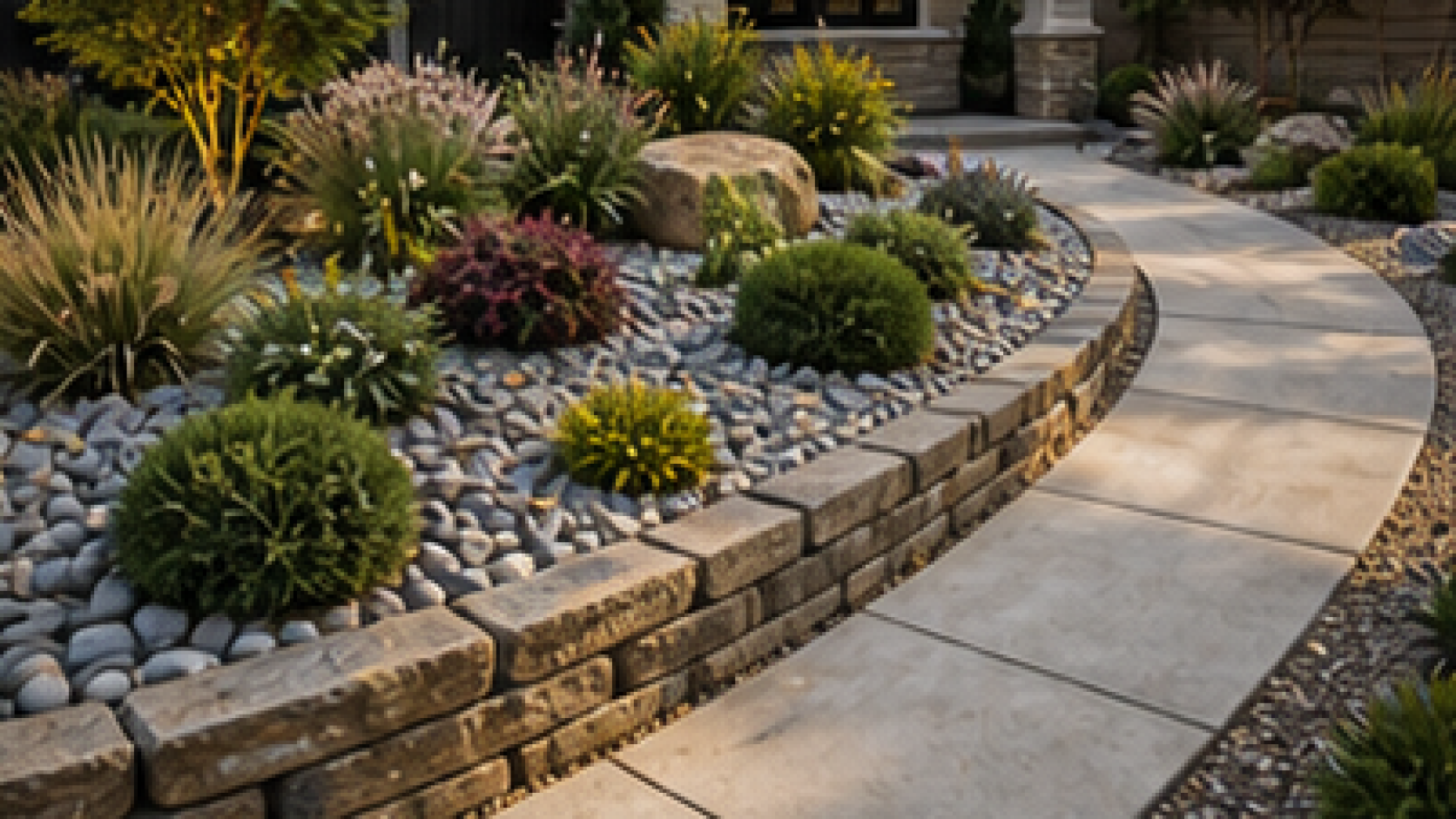 Front Yard Rock Landscaping Ideas with light pavers