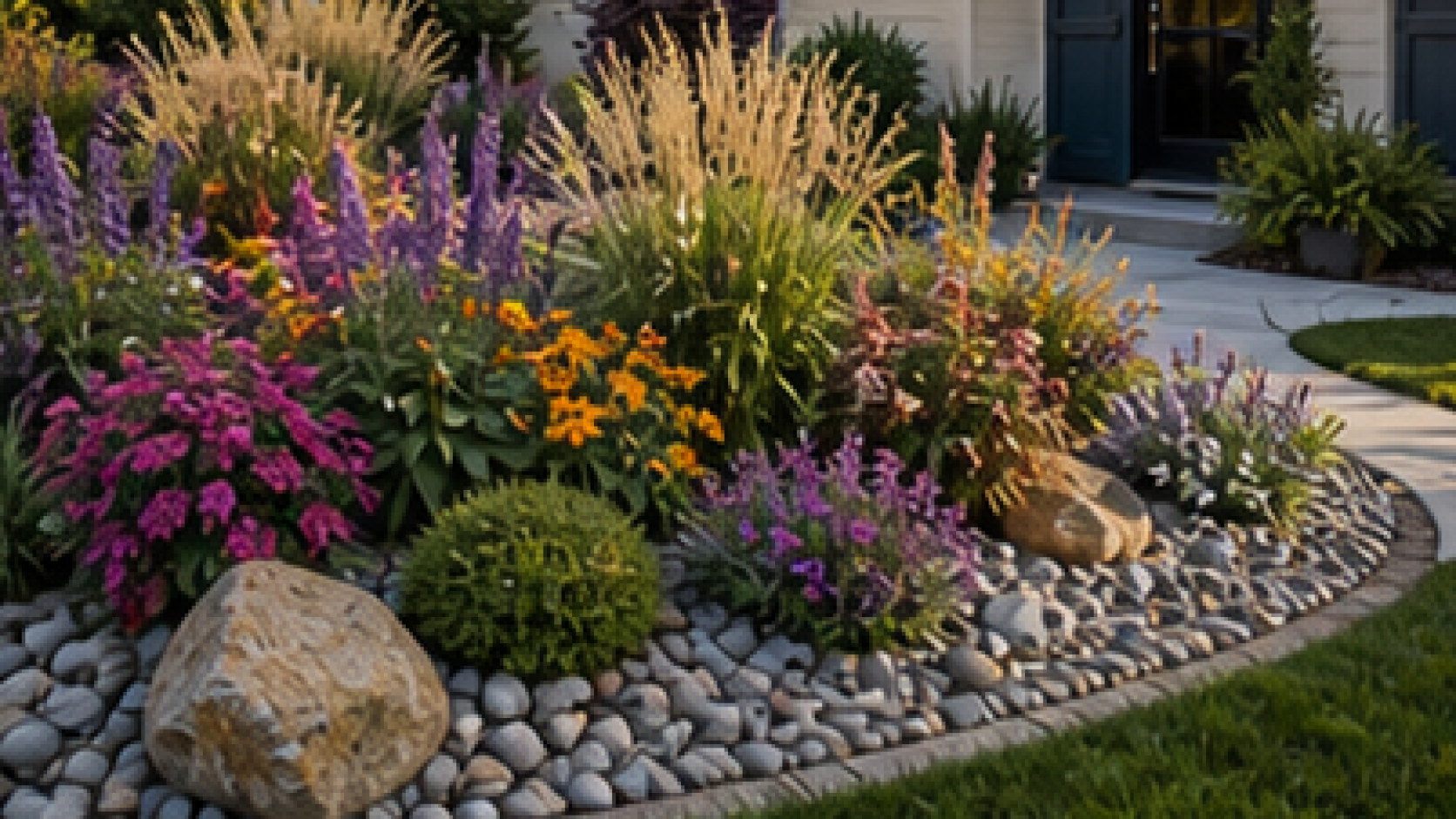 Front Yard Rock Landscaping Ideas with seasonal color