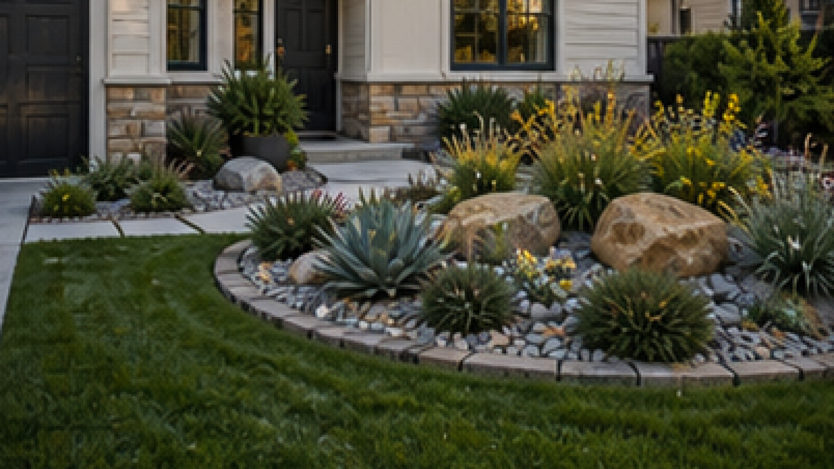 Front Yard Rock Landscaping Ideas with stone border