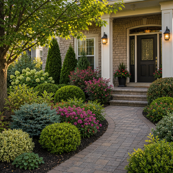 Front Yard Shrub Landscaping Ideas with entry layering