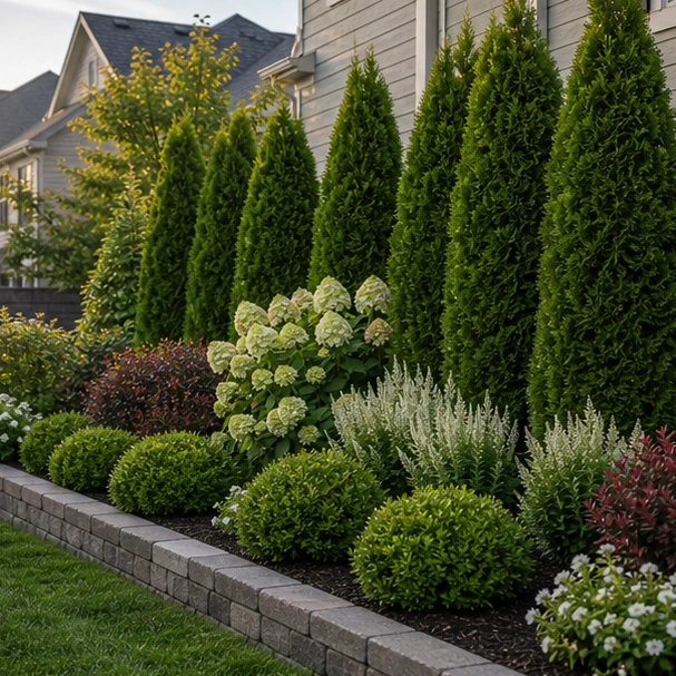 Front Yard Shrub Landscaping Ideas with evergreen border