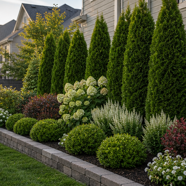 Front Yard Shrub Landscaping Ideas with evergreen border