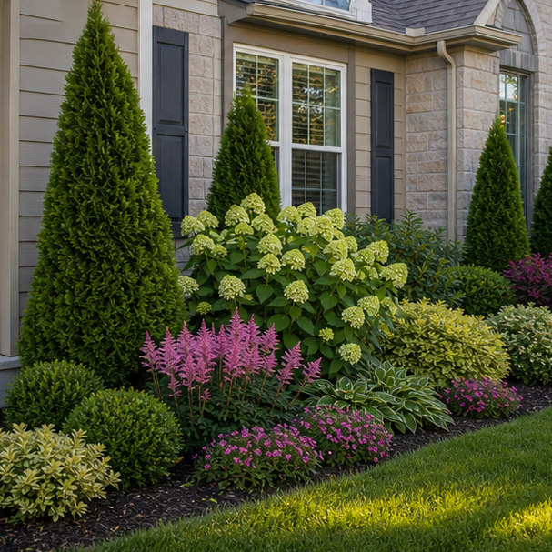 Front Yard Shrub Landscaping Ideas with foundation beds
