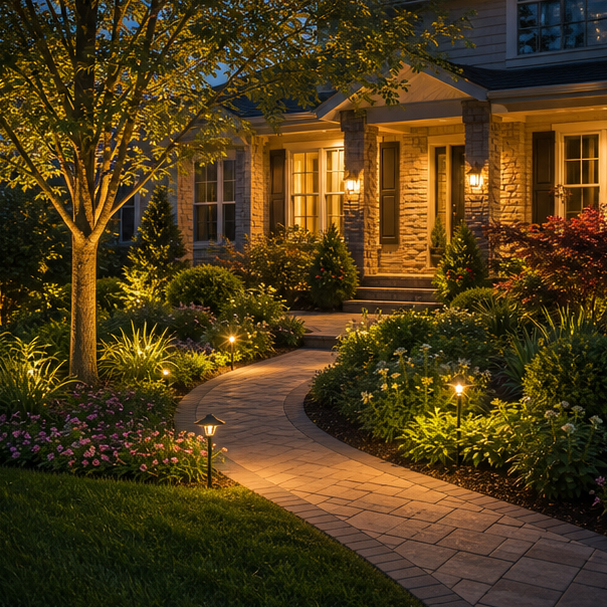 Front Yard Shrub Landscaping Ideas lighting idea