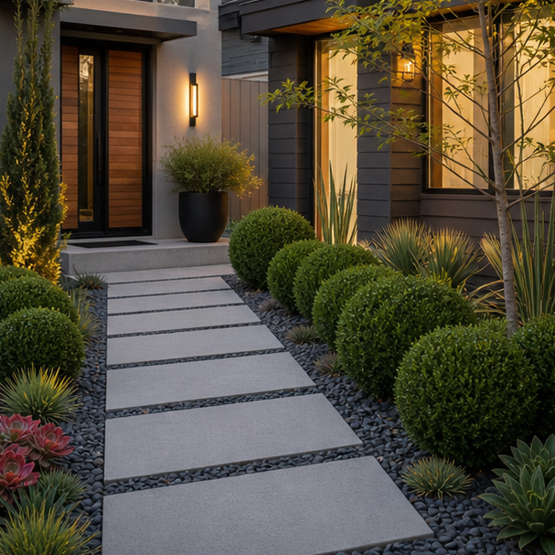 Front Yard Shrub Landscaping Ideas with modern lines