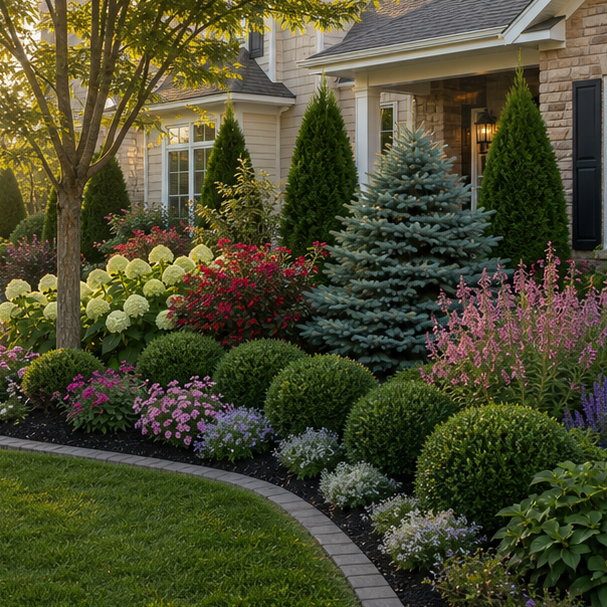 Front Yard Shrub Landscaping Ideas with seasonal color