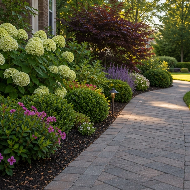 Front Yard Shrub Landscaping Ideas with walkway edge
