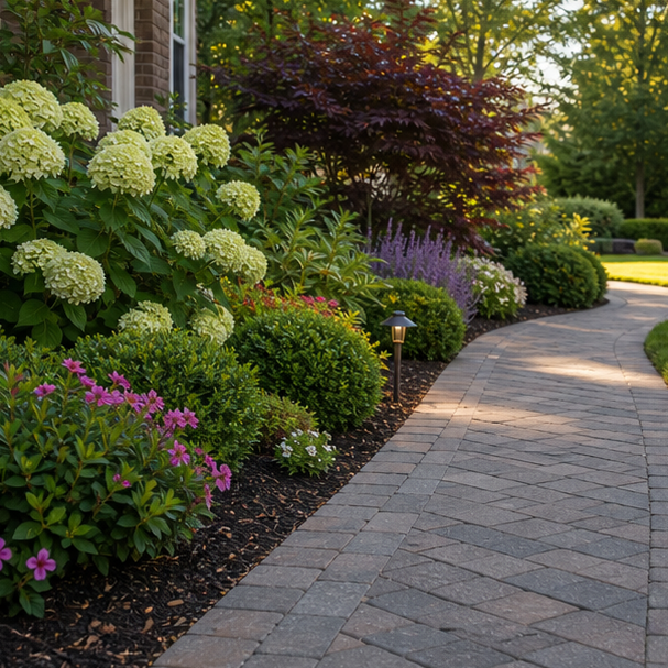 Front Yard Shrub Landscaping Ideas with walkway edge