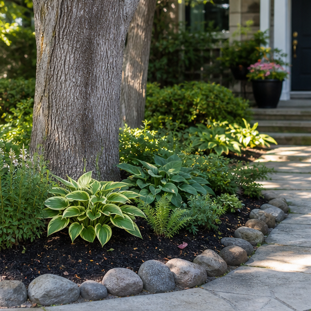 Front Yard Tree Landscaping Ideas with material and planting detail