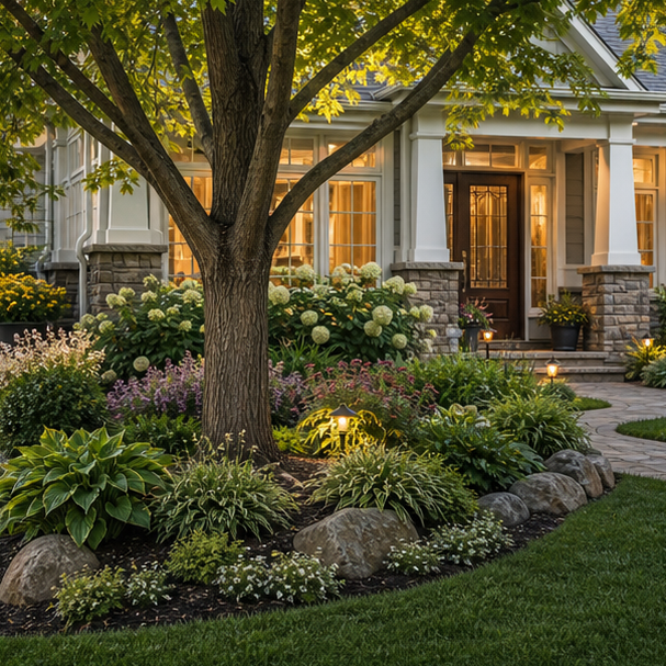 Front Yard Tree Landscaping Ideas with entry view