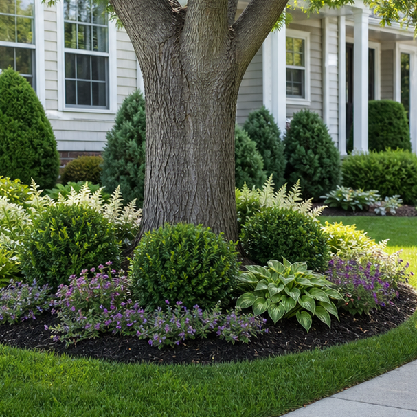 Front Yard Tree Landscaping Ideas with evergreen base