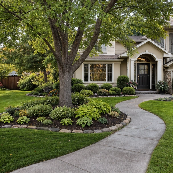 Front Yard Tree Landscaping Ideas with layout direction