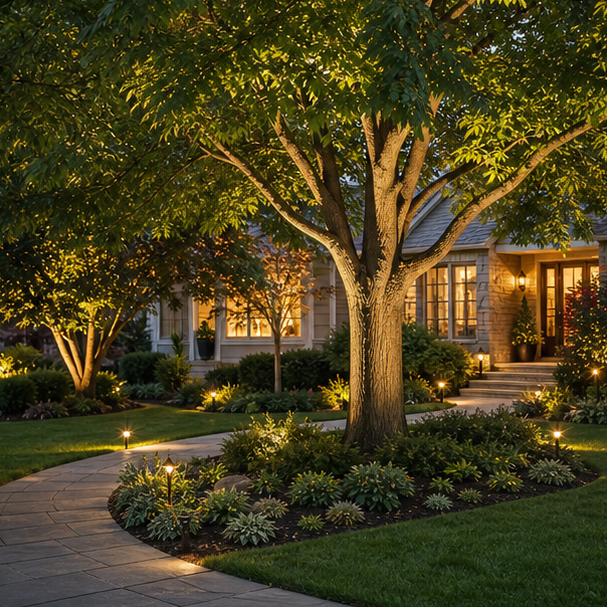 Front Yard Tree Landscaping Ideas with lighting direction