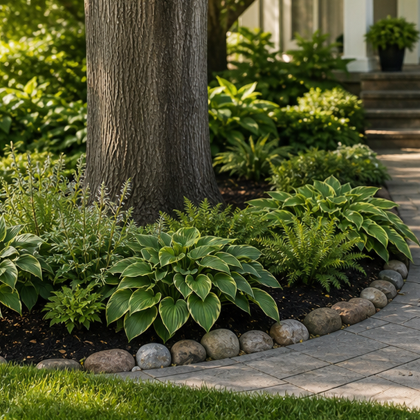 Front Yard Tree Landscaping Ideas with materials and planting