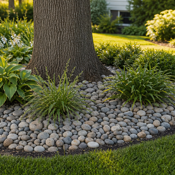 Front Yard Tree Landscaping Ideas with rock mulch