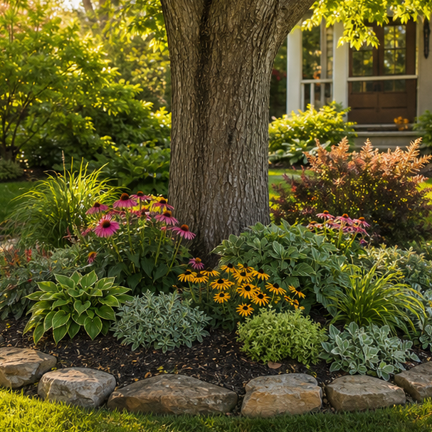 Front Yard Tree Landscaping Ideas with seasonal color