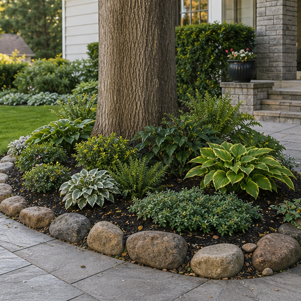 Front Yard Tree Landscaping Ideas with stone edge