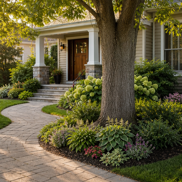Front Yard Tree Landscaping Ideas with walkway frame