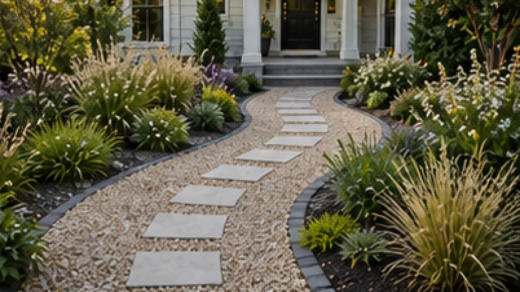 Front Yard Walkway Ideas with light gravel