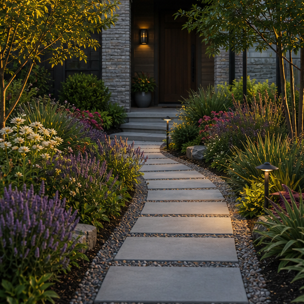 Front Yard Walkway Ideas with layered planting