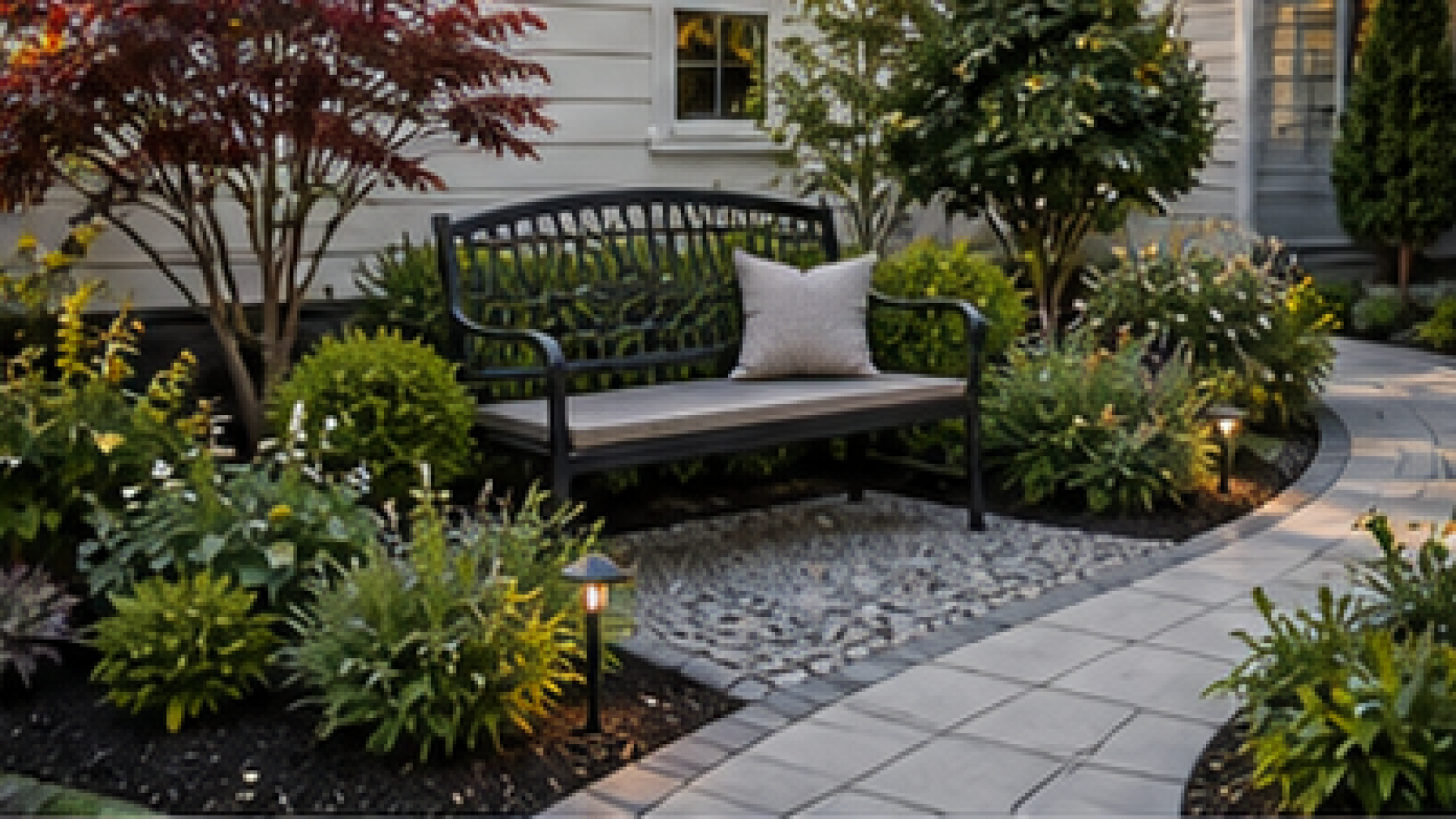 Front Yard Walkway Ideas with garden bench