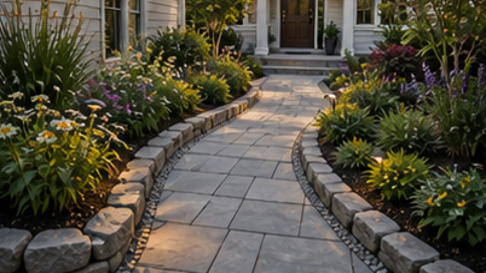 Front Yard Walkway Ideas with stone border